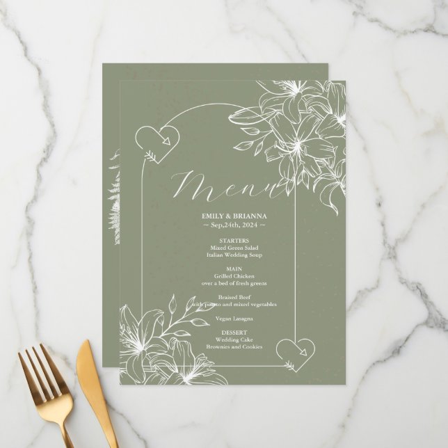 Minimalist Boho Sage Green wedding  Menu (Front/Back In Situ)