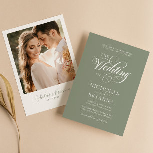 Minimalist Boho Sage Green Wedding Modern Photo Invitation