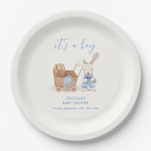 Minimalist Boho Stroller Rabbit Boy Baby Shower Paper Plate