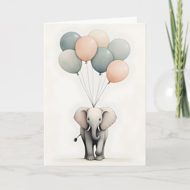 Minimalist Boho Style Elephant with Balloons Blank Card (Front)