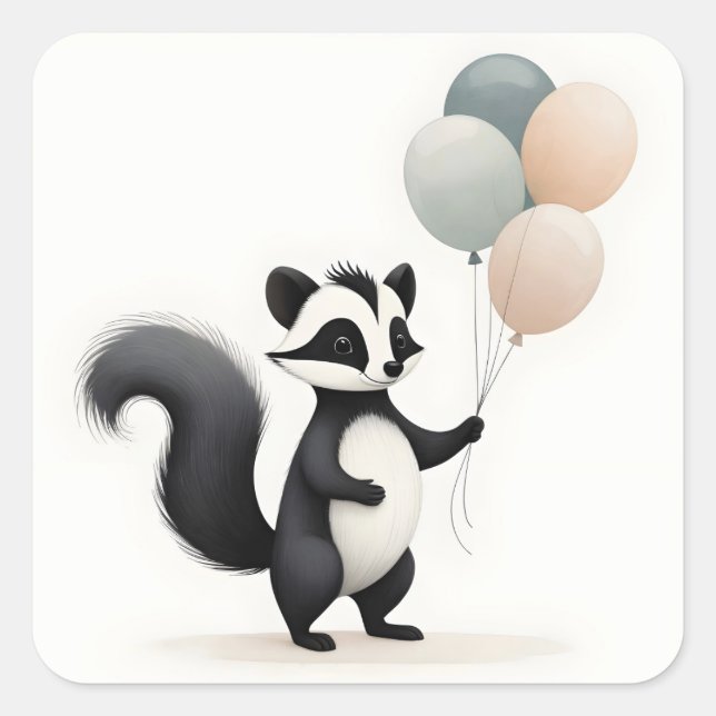 Minimalist Boho Style Skunk with Balloons Square Sticker (Front)