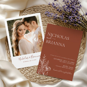Minimalist Boho Terracotta Burnt Orange Wedding Invitation