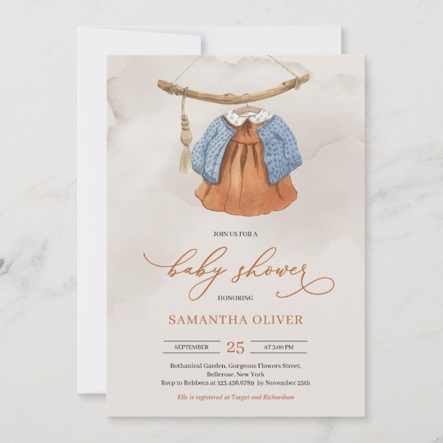 Minimalist boho terracotta clothesline dress Girl Invitation (Front)