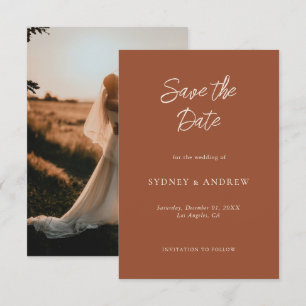 Minimalist Boho Terracotta Fall Wedding Photo Save The Date