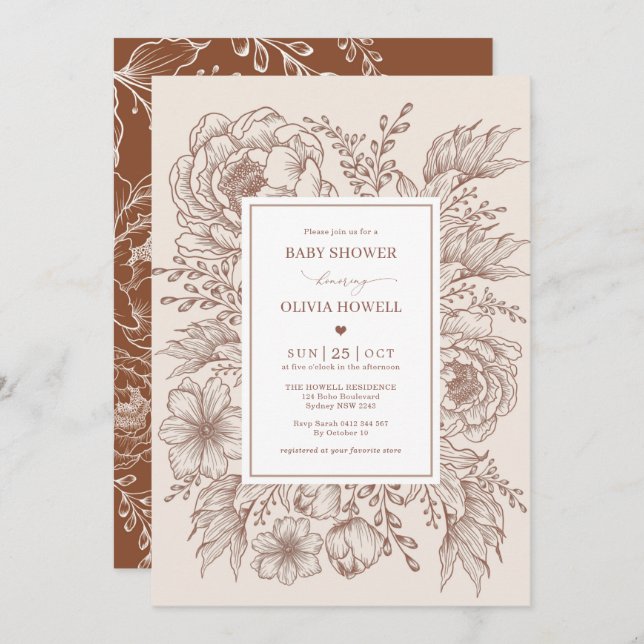 Minimalist Boho Terracotta Floral Line Baby Shower Invitation (Front/Back)