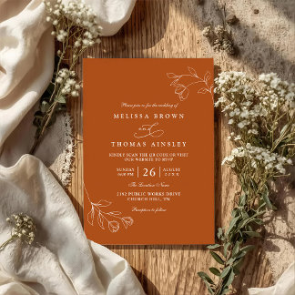 Minimalist Boho Terracotta Floral QR Code Wedding Invitation