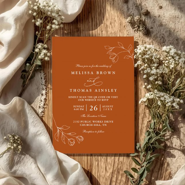 Minimalist Boho Terracotta Floral QR Code Wedding Invitation (Creator Uploaded)