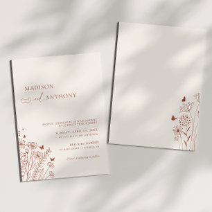 Minimalist Boho Terracotta Wildflower Wedding Invitation