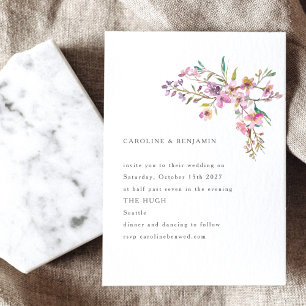 Minimalist Boho Whimsical Pink Wildflowers Wedding Invitation