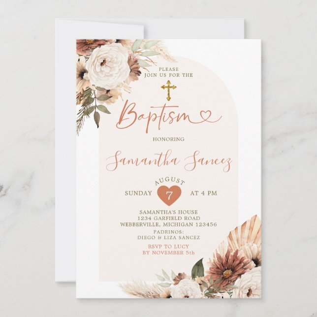 Minimalist Boho White Floral Christening Baptism Invitation (Front)