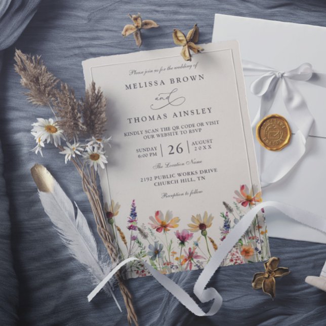 Minimalist Boho Wildflower Floral QR Code Wedding Invitation (Creator Uploaded)