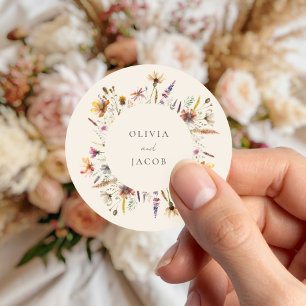 Minimalist Boho Wildflower Floral Wedding Classic Round Sticker