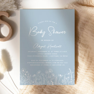 Minimalist Boho Wildflowers Dusty Blue Baby Shower Invitation