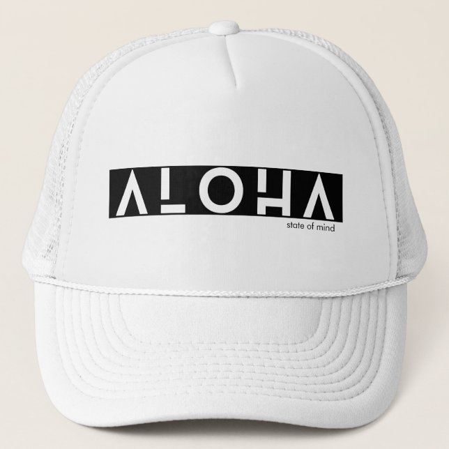 Minimalist Bold Aloha State of Mind Graphic Unisex Trucker Hat (Front)