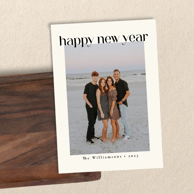 Minimalist Bold Black Happy New Year Custom Photo Holiday Card (Creator Uploaded)