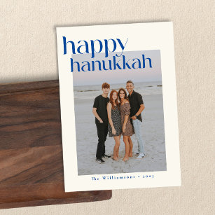 Minimalist Bold Blue Modern Hanukkah Custom Photo Holiday Card