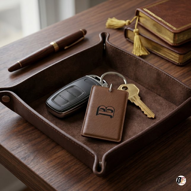 Minimalist Bold Monogram Initial B Brown Leather Key Ring (Creator Uploaded)