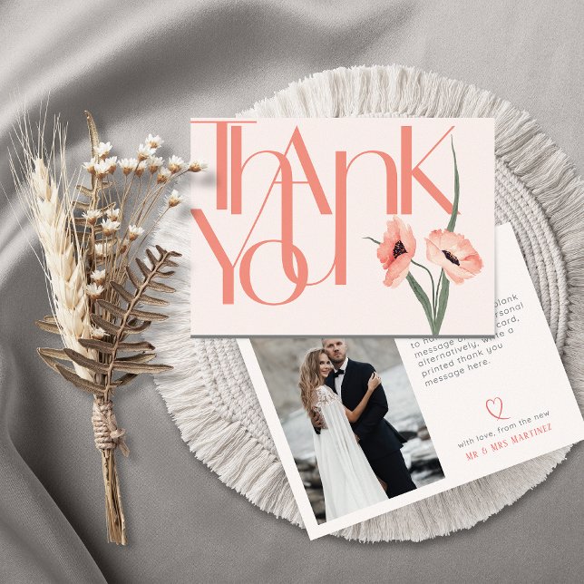 Minimalist Bold Photo Coral Botanical Thank You Card (Creator Uploaded)