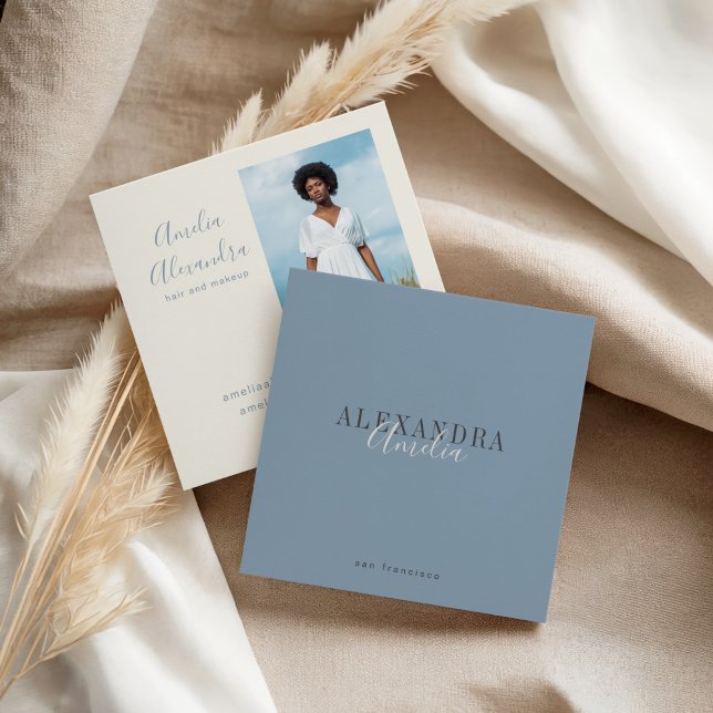 Minimalist Bold Script Boho Dusty Blue Photo  Square Business Card (Creator Uploaded)