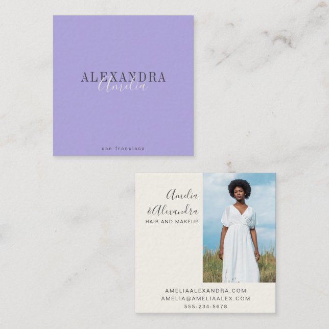 Minimalist Bold Script Boho Modern Purple Photo  Square Business Card (Front/Back)
