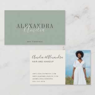 Minimalist Bold Script Boho Sage Green Photo Business Card