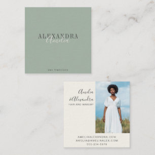 Minimalist Bold Script Boho Sage Green Photo  Square Business Card