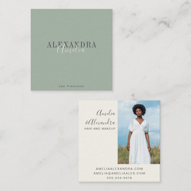 Minimalist Bold Script Boho Sage Green Photo  Square Business Card (Front/Back)