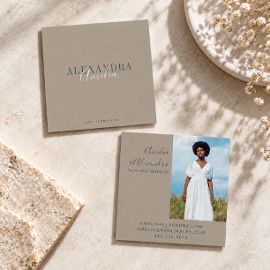 Minimalist Bold Script Boho Taupe Brown Photo  Square Business Card