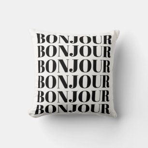 Minimalist Bonjour French Typography Black White Cushion