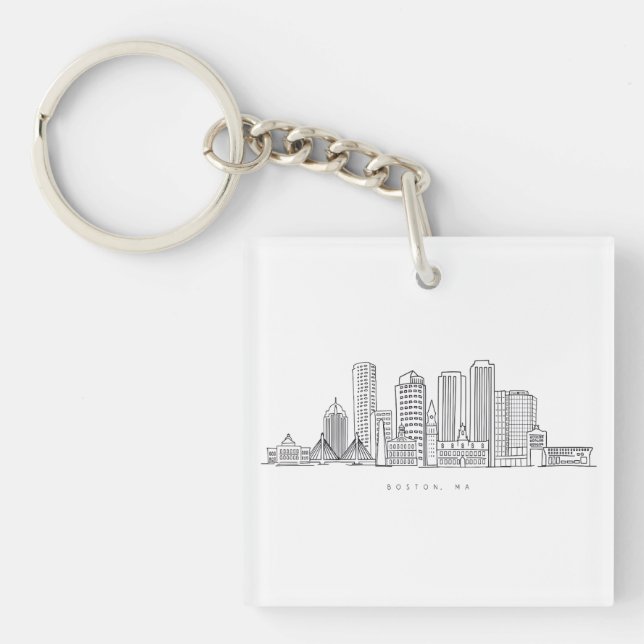 Minimalist Boston City Skyline Illustration Key Ring (Front)