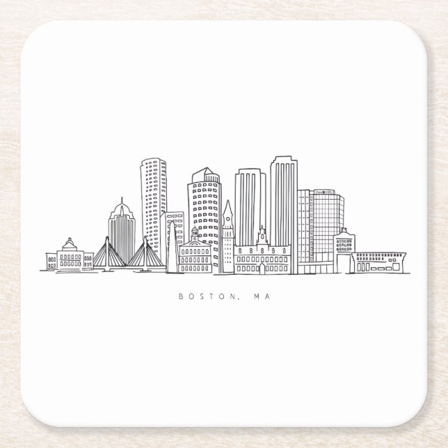 Minimalist Boston City Skyline Illustration Square Paper Coaster (Front)