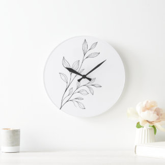 Minimalist Botanical Black Line Art Large Clock