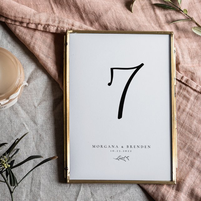 Minimalist Botanical Black & White Script Wedding  Table Number (Creator Uploaded)