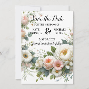 Minimalist Botanical Blush Pink & White Wedding Save The Date