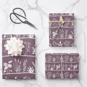 Minimalist Botanical Dainty Meadow Silhouette Plum Wrapping Paper Sheet