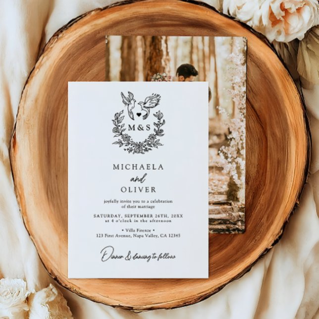 Minimalist Botanical Doves Elegant Script Wedding Invitation (Creator Uploaded)