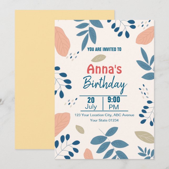 Minimalist Botanical Elegant Floral Birthday Invitation (Front/Back)