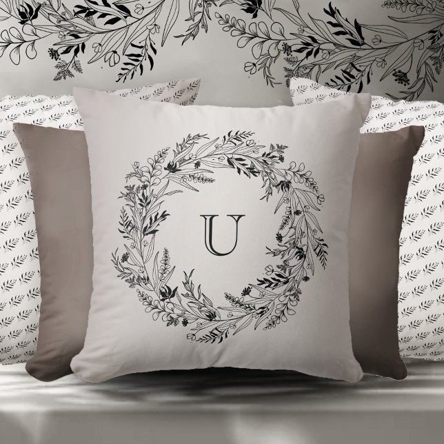 Minimalist botanical foliage wreath letter U Cushion (Creator Uploaded)