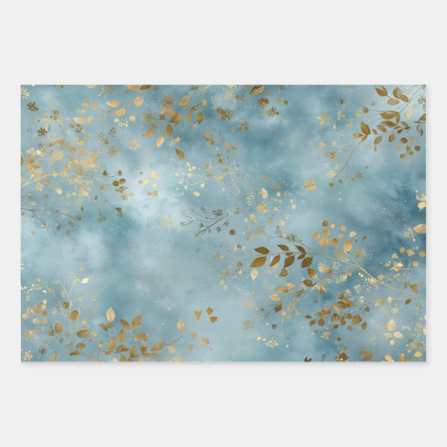 Minimalist Botanical Gold Leaves Pattern Teal Wrapping Paper Sheet (Front)