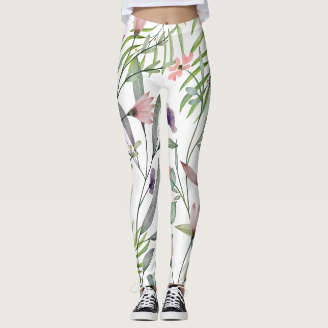 Minimalist botanical leaves and flower white green leggings (Front)