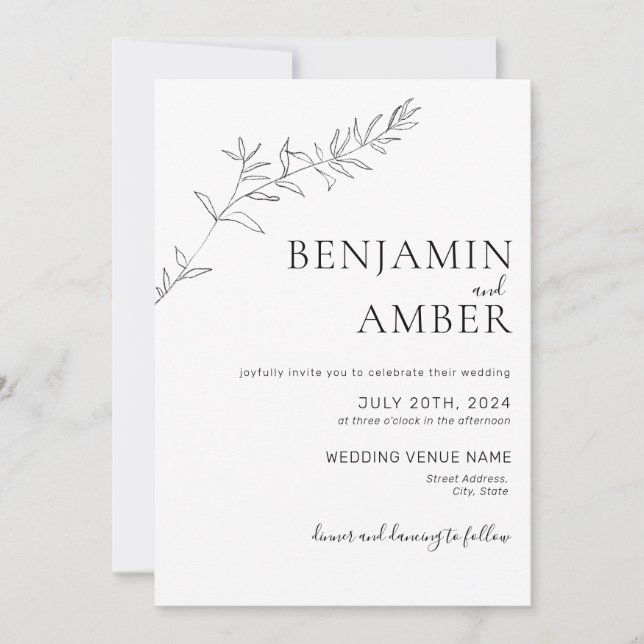 Minimalist Botanical Line Art Drawing Boho Wedding Invitation (Front)
