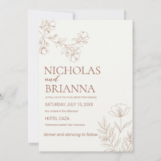 Minimalist Botanical Line Art Terracotta Leaf Bran Invitation