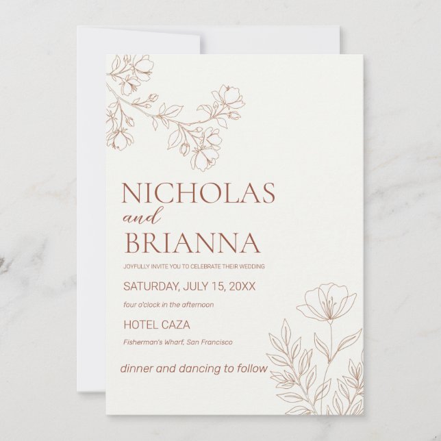 Minimalist Botanical Line Art Terracotta Leaf Bran Invitation (Front)