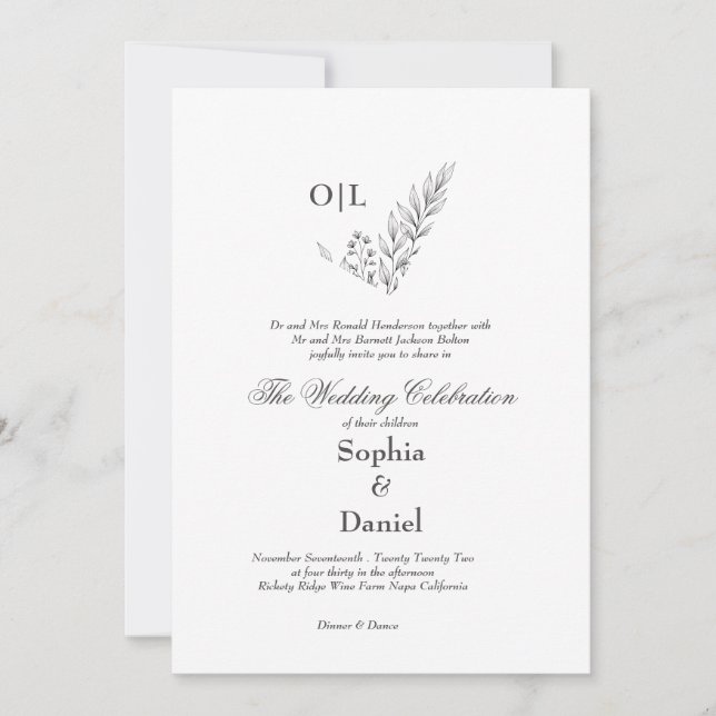 Minimalist Botanical Line Art Wedding Invitation (Front)