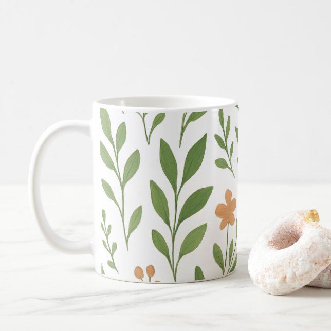 Minimalist Botanical Pattern with Green Leaves  Coffee Mug (With Donut)