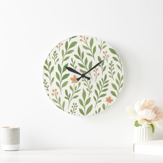 Minimalist Botanical Pattern with Green Leaves  Large Clock (Home)