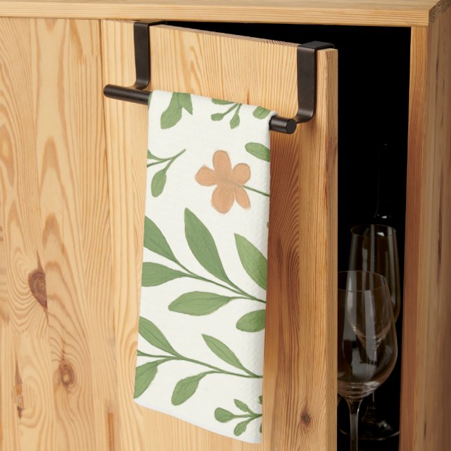 Minimalist Botanical Pattern with Green Leaves  Tea Towel (Thirds Fold)