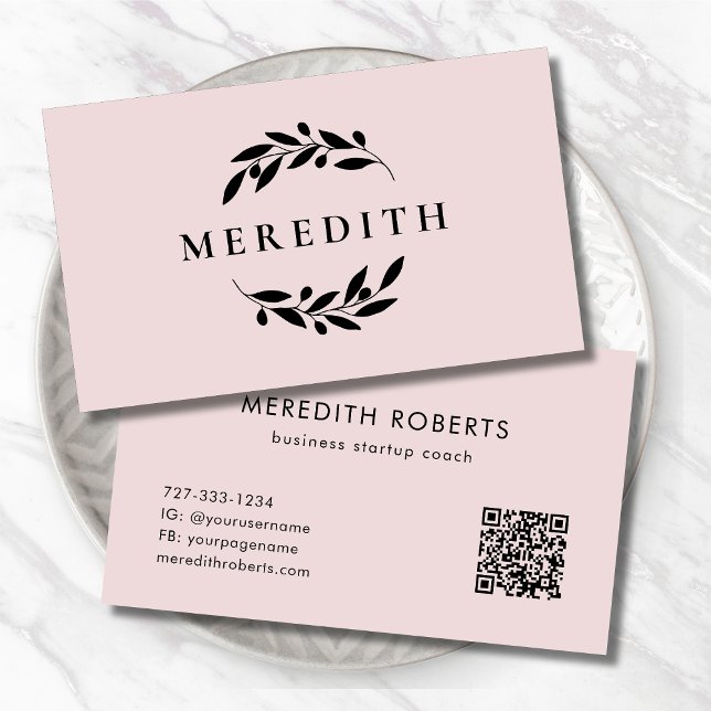 Minimalist Botanical QR Code Blush Pink Business Card (Minimalist Botanical Olive Branches QR Code Blush Pink Business Card)