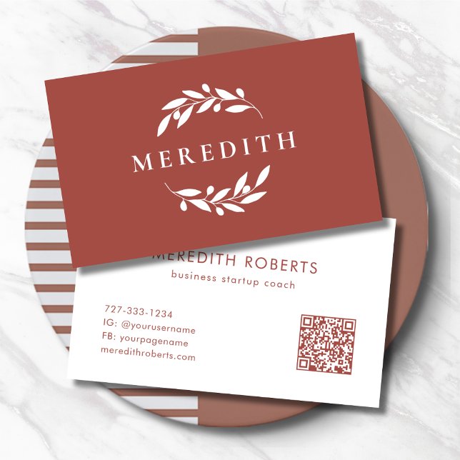 Minimalist Botanical QR Code Terracotta Business Card (Minimalist Botanical Olive Branches QR Code Terracotta Business Card)