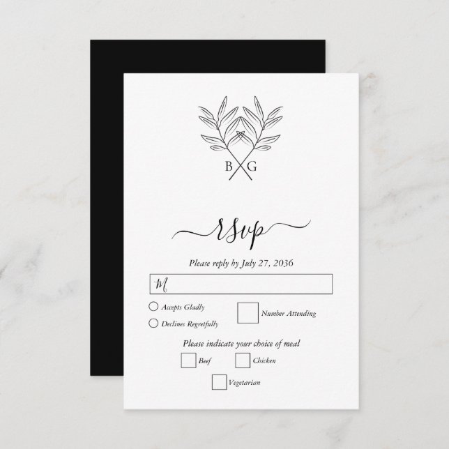 Minimalist Botanical Rustic Monogram Wedding RSVP Card (Front/Back)